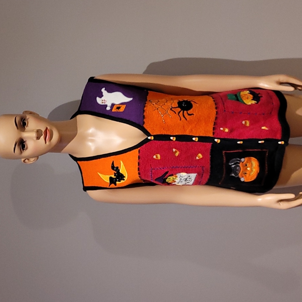 Vintage Halloween Patchwork Vest in Orange, Purple, Black, Red